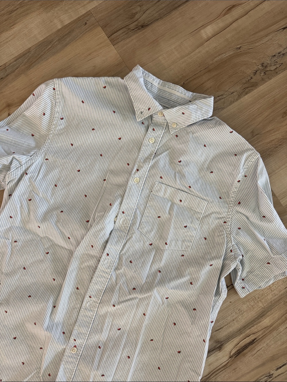 Old Navy Light Blue Pinstripe Button-Down Shirt with Red Dot Embroidery